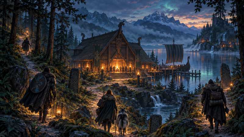 Cloaked Norse travelers follow forest paths toward an amber-lit longhouse beside a longship on a misty mountain fjord.