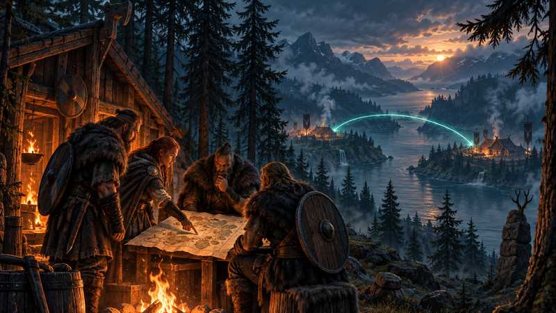 Three Vikings compare notes at a map table as teal light connects settlements across a fjord.