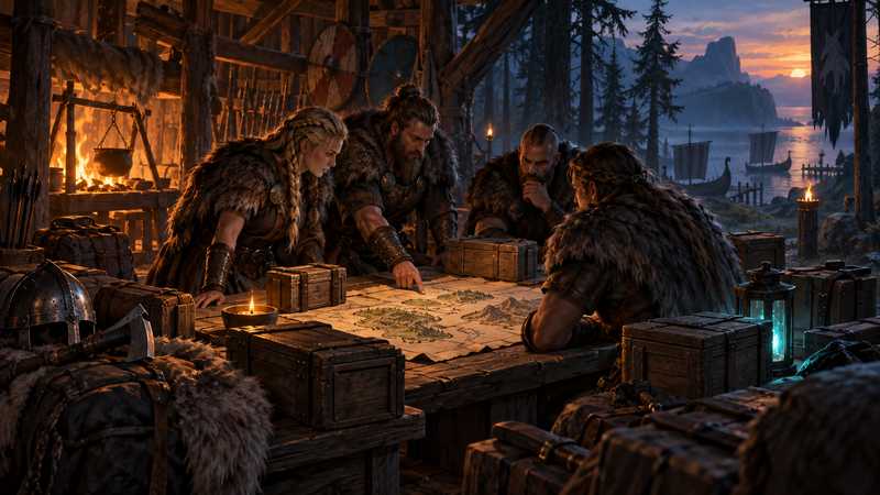 A Norse crew compares a map and equipment crates by firelight before setting out from a forest longhouse.