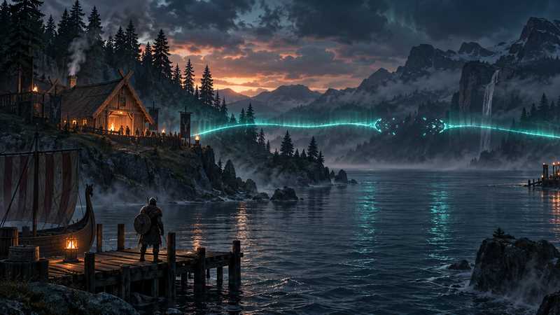 A glowing teal connection breaks above a fjord between two torchlit Norse camps.
