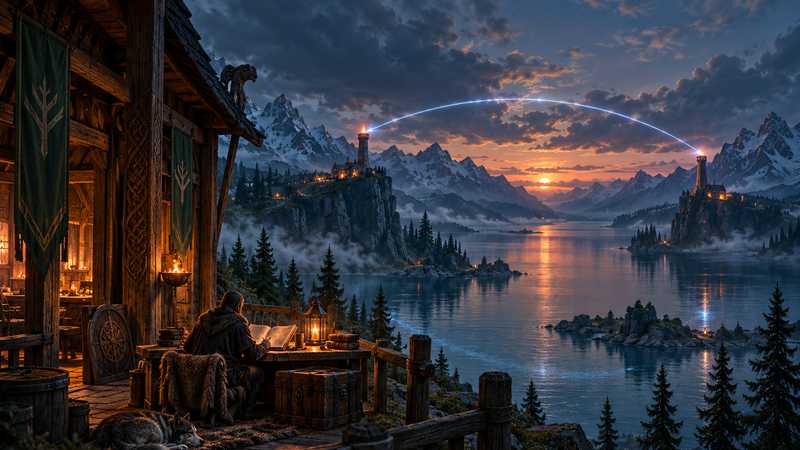 A lantern-lit timber hall stands beside a dusk fjord as two beacons shine across the water and a keeper studies a logbook.