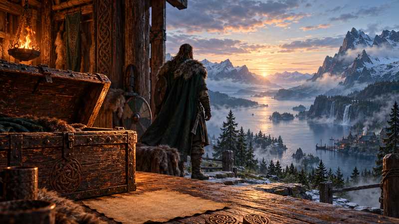 A cloaked explorer stands by an open timber chest and blank wooden tokens above a misty fjord at sunrise.
