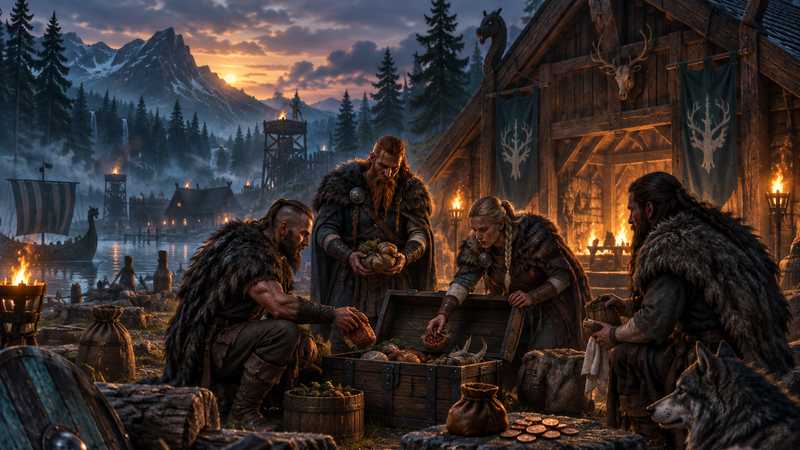 A Norse crew gathers provisions and copper tokens around an open wooden chest outside a warmly lit forest longhouse.