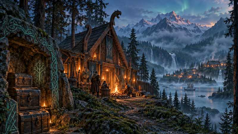 A timber longhouse and campfire glow in a Nordic forest while wooden chests sit in a protected stone alcove.
