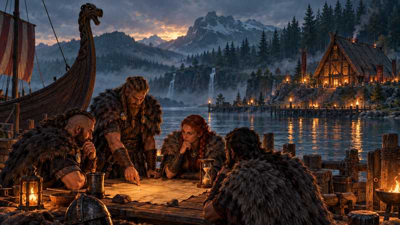 A Norse crew studies a parchment map and hourglass beside a longship, with a lit longhouse across the inlet.