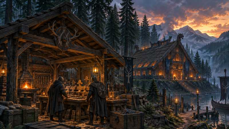 Two cloaked Norse builders inspect a workbench beside a forge, storage chests and a glowing longhouse overlooking a forest fjord.