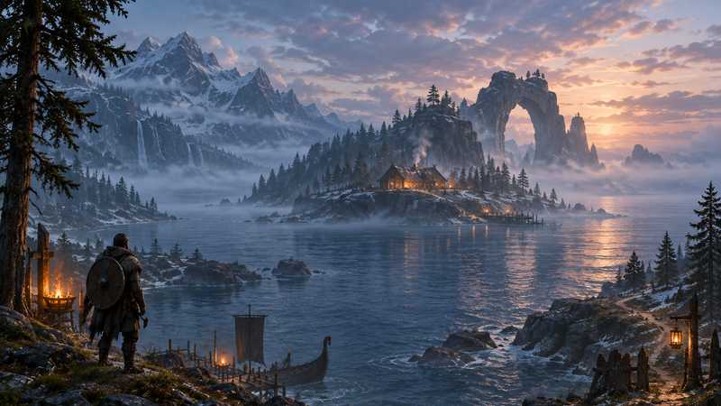 A lone figure on a rocky shore faces a lit longhouse, misty fjord and stone arch at dawn.