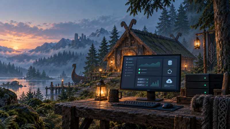 A generic server dashboard and backup controls sit in front of a lantern-lit Nordic longhouse.