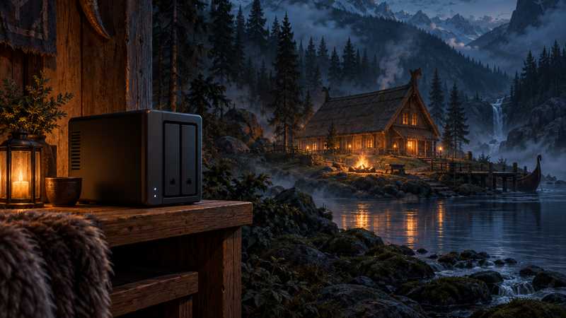 An unbranded two-drive NAS sits in the foreground of a misty Norse homestead with a firelit longhouse across the water.