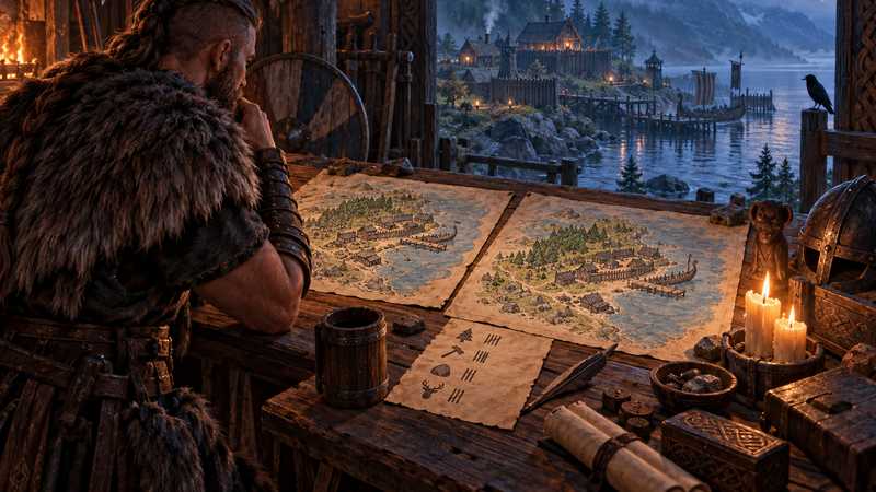 A Viking server keeper compares two marked maps and a resource log beside a lantern-lit workbench.