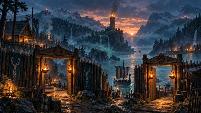 Two lantern-lit timber gateways overlook a longship on a misty fjord, with a burning beacon above distant Norse settlements.