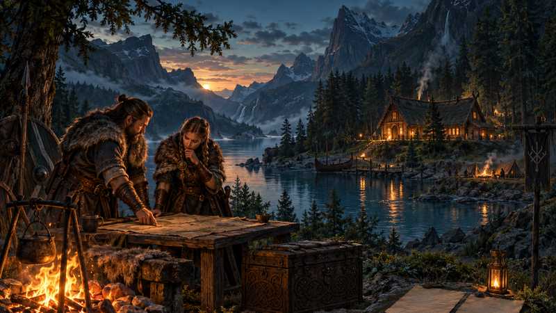 Two travelers check a world map beside a fjord before heading to a lantern-lit Norse settlement.