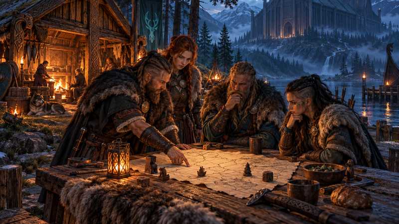 A Norse crew compares a lived-in longhouse with a larger empty hall by firelight in a dark forest.