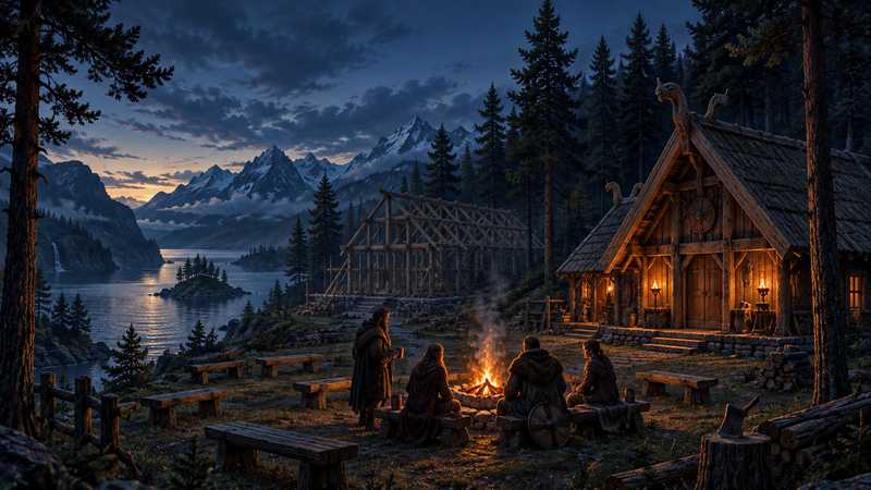 Four cloaked Norse travelers gather around an amber hearth beside a timber longhouse, with empty benches and a larger hall frame beyond.