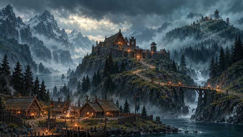 Three timber settlements sit along different paths across a misty Norse fjord.