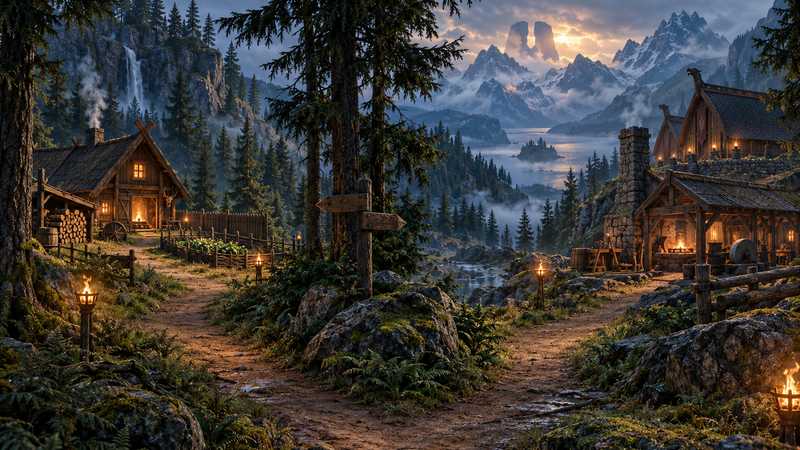 A Norse forest clearing divides into paths toward a timber homestead and a small workshop, both lit by a campfire.