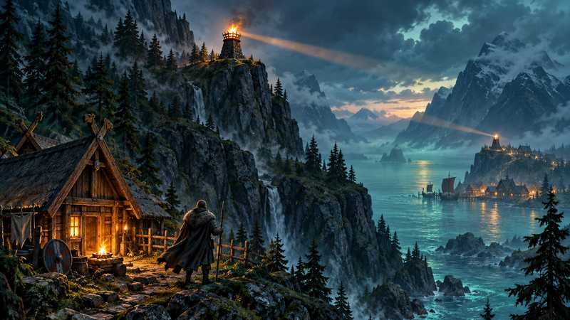 A Norse longhouse rests beneath steep forested cliffs while a ridge beacon shines across a misty fjord toward a distant settlement.