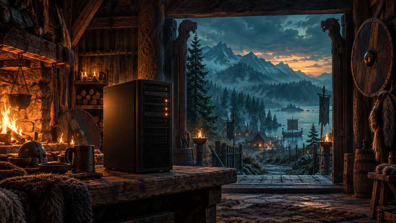 A compact server tower glows inside a Norse longhouse overlooking a misty Valheim settlement at dusk.