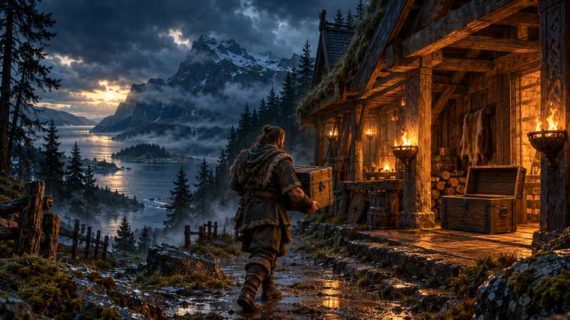 A traveler carries a wooden chest from a forest toward a warmly lit longhouse.