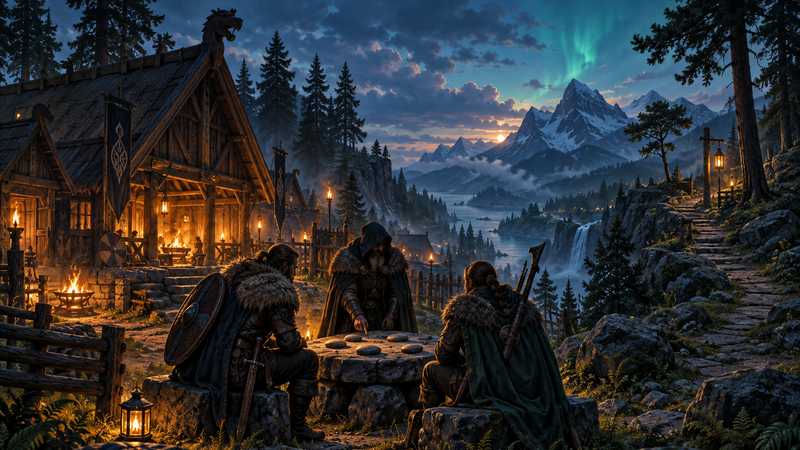 Three cloaked Norse travelers discuss their journey around a stone table between a glowing longhouse and a mountain forest path.