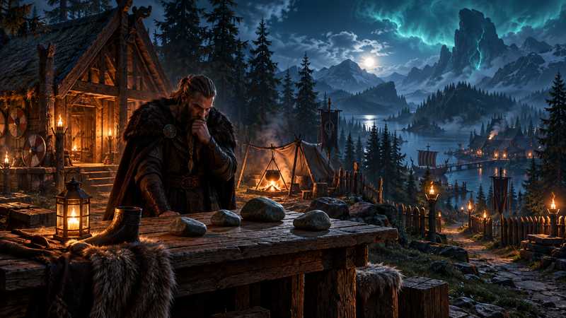 A Norse server keeper studies unmarked stones at a table beside a glowing longhouse and a distant settlement.
