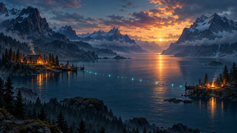 Two Norse camps across a fjord share a trail of teal lights at dusk.