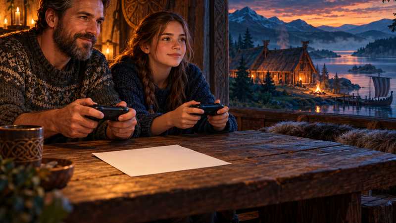 A parent and teenager review costs with game controllers as a distant Norse longhouse glows beyond the window.