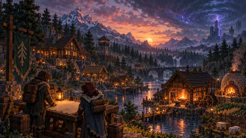 Two organizers plan a settlement beside a river while a forge glows under a distant stormy sky.