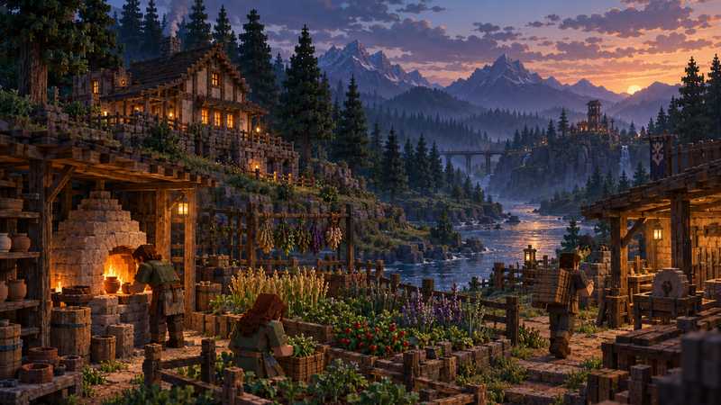 A group tends a timber-and-clay homestead beside a river valley at dusk, with a glowing kiln and gardens in the foreground.