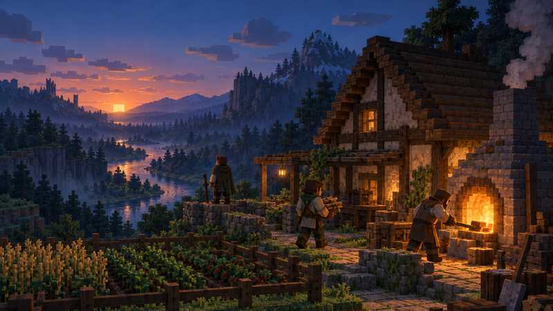 Three friends gather around a timber-and-clay homestead and glowing kiln beside a river valley at dusk.
