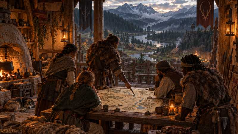 A small roleplay community discusses its map around a table in a medieval settlement surrounded by a rugged forest valley.