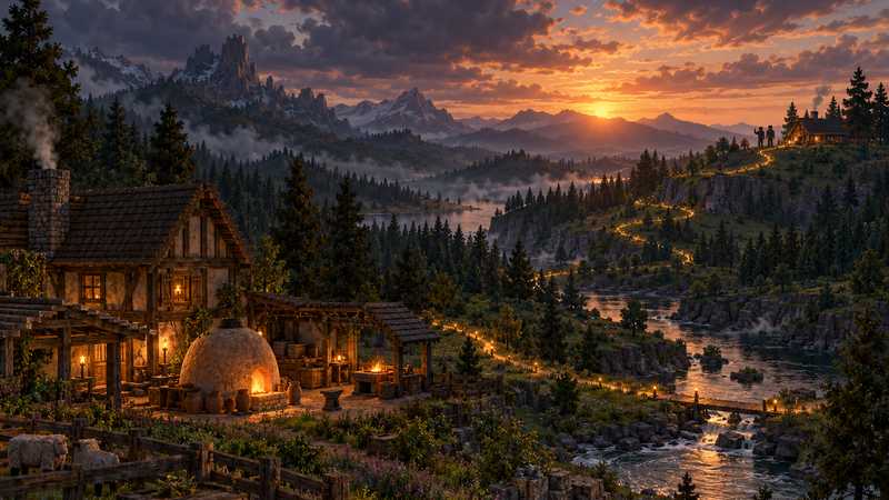 A homestead in a pine valley sends a warm light toward friends waiting at a distant cabin.