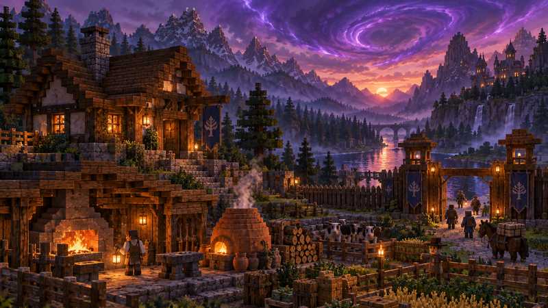 A lantern-lit homestead and forge sit beside a river beneath a dramatic dusk sky in a voxel wilderness.