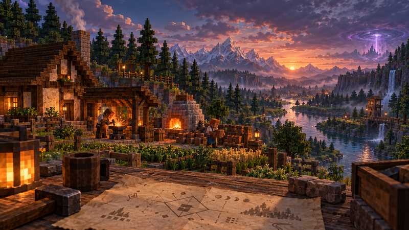 A timber and clay homestead glows beside a small settings ledger in a voxel wilderness at dusk.