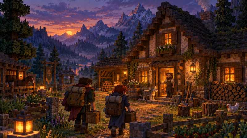 Two travelers approach a warmly lit timber homestead in a block-built wilderness at dusk.