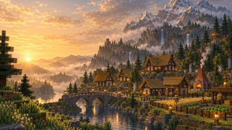 A voxel village with thatched cottages, a stone bridge and a clay kiln below misty mountains at sunset