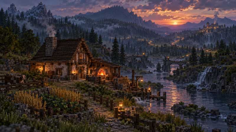 A timber homestead glows beside a river while distant settlements sit across a dusky valley.