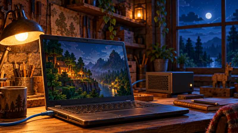 An older laptop and a compact mini PC sit on a desk with an Ethernet cable and a forest scene on screen.