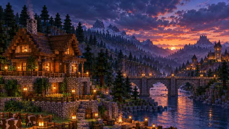 A lantern-lit stone bridge leads from a riverside homestead toward a distant settlement at dusk.