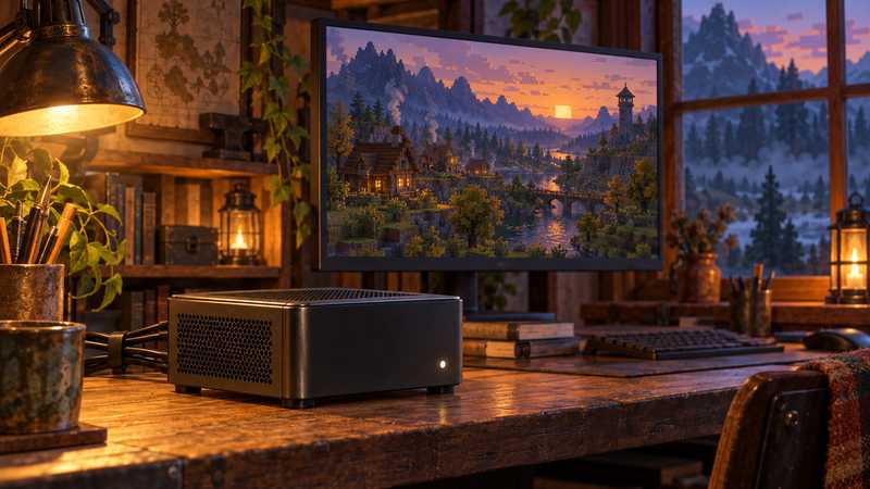 A compact home server sits beside a monitor showing a distant timber settlement on a broad valley map.