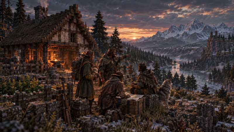 Travelers plan a route from a timber homestead across a rugged valley toward distant mountains.