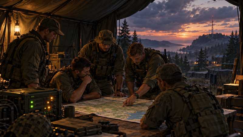 A Reforger squad studies a map at a field table while a server console glows inside a canvas tent.