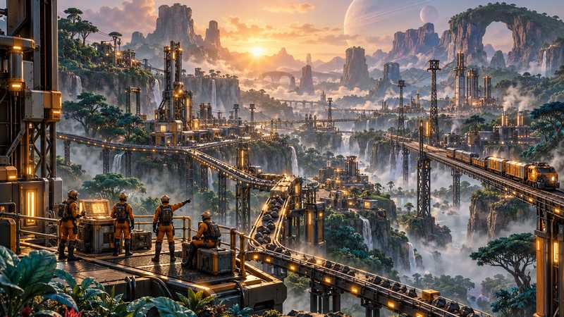 Orange-suited pioneers plan an expanding automated factory across an alien landscape.
